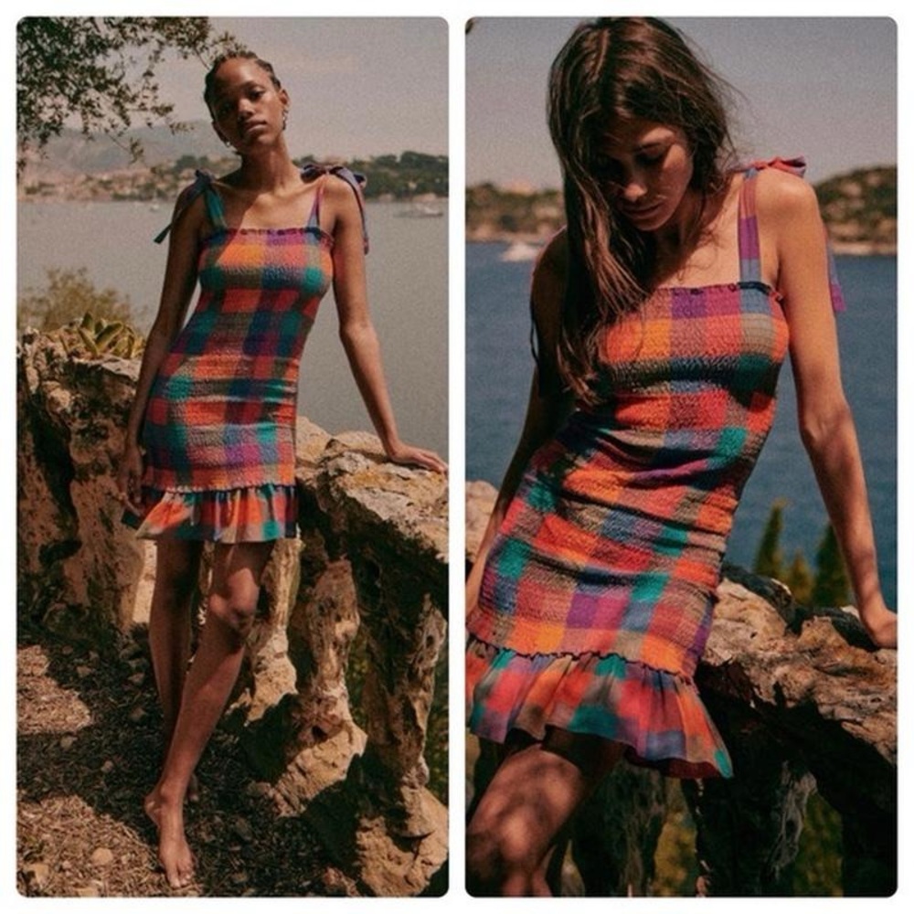 Sezane ‘Velvet’ Smocked Plaid Women's Dress